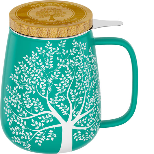 amapodo Tasse à thé avec couvercle et passoire - Tasse à thé en porcelaine grande 600ml - Tasse jumbo - Set de tasses XXL Turquoise - sans plastique
